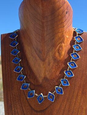 MCM Artist Signed Blue Guilloche Enamel Geometric Link Necklace - Women Jewelry